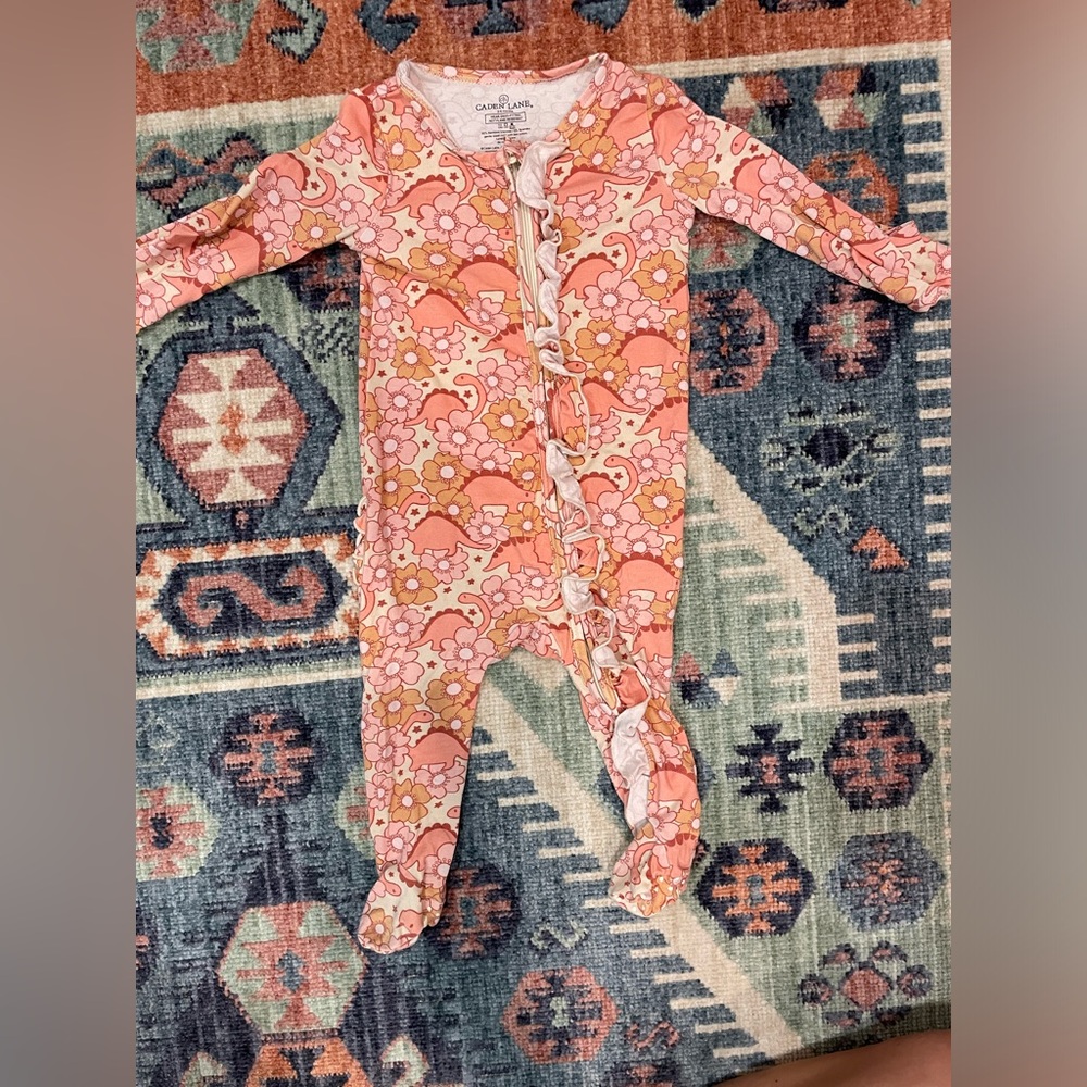 Caden Lane 3-6 month ruffle bamboo footie zip pajama pink Dino print